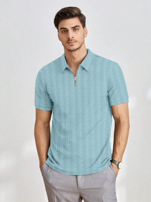COMBRAIDED Self Design Men Zip Neck Light Blue T-Shirt