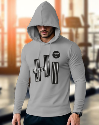 AOOSH Printed Men Hooded Neck Grey T-Shirt