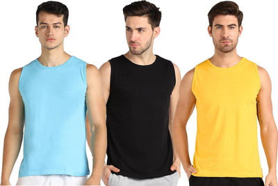 Tresna Fab Solid Men Round Neck Blue, Black, Yellow T-Shirt