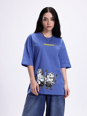 Minions by Kook N Keech Graphic Print Women Round Neck Blue T-Shirt