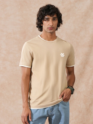 WROGN Solid Men Round Neck Brown T-Shirt