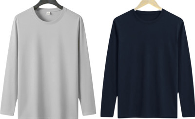 P collection Solid Men Round Neck Silver, Navy Blue T-Shirt