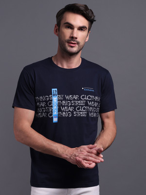 METRONAUT Printed Men Round Neck Navy Blue T-Shirt