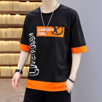 MUUNKEY Colorblock, Typography Men Round Neck Black, Orange T-Shirt