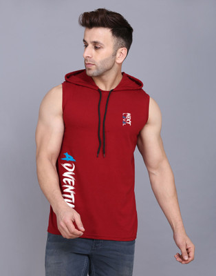SLOWLORIS Typography Men Hooded Neck Maroon T-Shirt