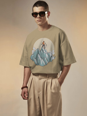 Senotex Graphic Print Men Round Neck Beige T-Shirt