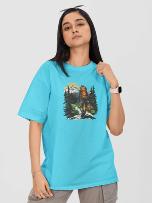 Moda Rapido Printed Women Round Neck Blue T-Shirt
