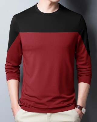 TEEMEX Colorblock Men Round Neck Maroon T-Shirt