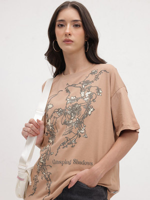 Roadster Printed Women Round Neck Beige T-Shirt