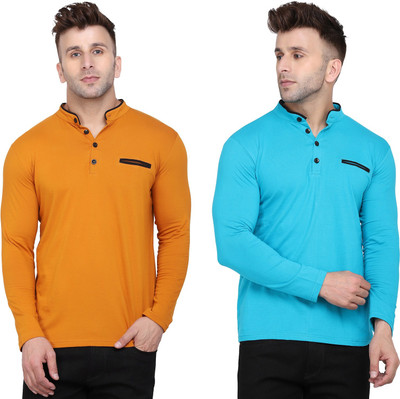 GEUM Solid Men Mandarin Collar Light Blue, Gold T-Shirt