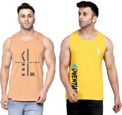 SLOWLORIS Printed Men Round Neck Beige, Yellow T-Shirt