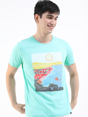 HIGHLANDER Printed Men Round Neck Light Blue T-Shirt