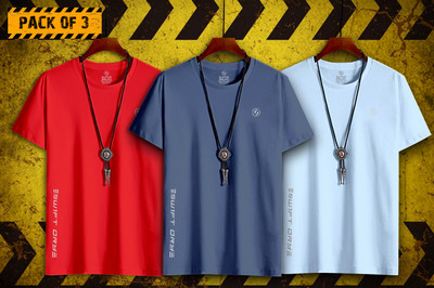 SUPERSQUAD Printed Men Round Neck Red, Grey, Light Blue T-Shirt