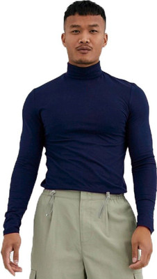 Styvibe Solid Men High Neck Dark Blue T-Shirt