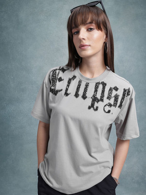 Roadster Printed Women Round Neck Grey T-Shirt