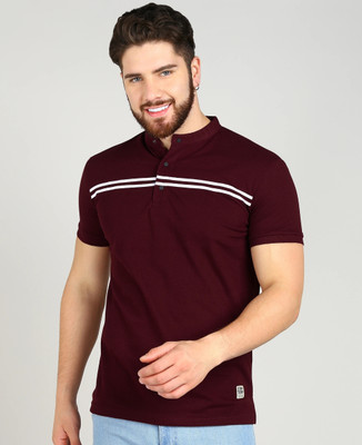 Alan Jones Striped Men Mandarin Collar Maroon T-Shirt