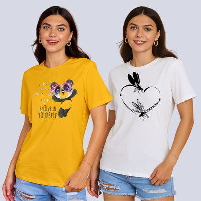 Lecowar Printed Women Round Neck Yellow, White T-Shirt