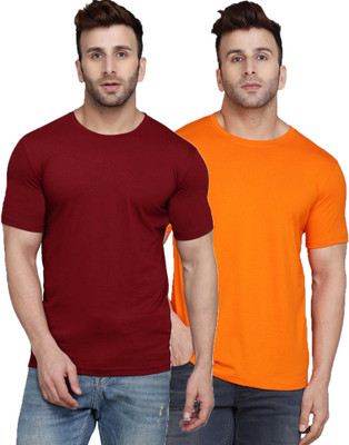 SLOWLORIS Solid Men Round Neck Maroon, Orange T-Shirt