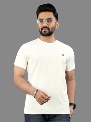 CELLUX Self Design Men Round Neck White T-Shirt