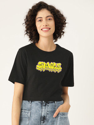 SLENOR Printed Women Round Neck Black T-Shirt