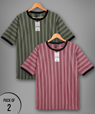 WOXEN Striped Men Round Neck Pink, Dark Green T-Shirt