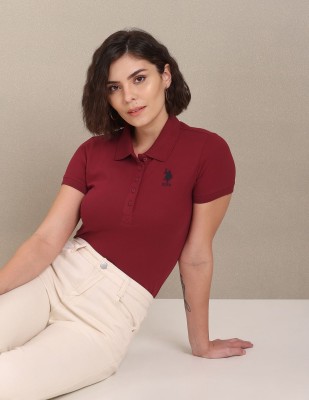 U.S. POLO ASSN. Solid Women Polo Neck Maroon T-Shirt