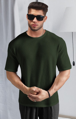 TRIPR Solid Men Round Neck Dark Green T-Shirt