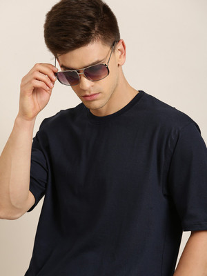 DIFFERENCE OF OPINION Solid Men Round Neck Blue T-Shirt