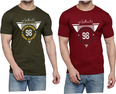 WOOSTRO Printed Men Round Neck Dark Green, Maroon T-Shirt