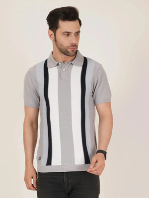 DAVNO Striped Men Polo Neck Grey T-Shirt