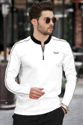 TRIPR Solid Men Mandarin Collar White, Black T-Shirt