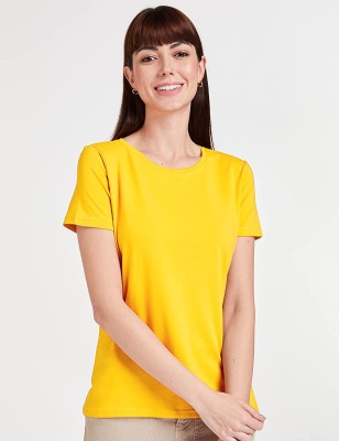 Leafoo Solid Women Round Neck Yellow T-Shirt