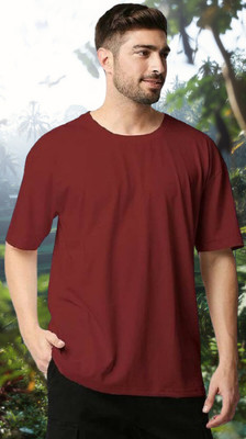 ZEBULUN Solid Men Round Neck Maroon T-Shirt