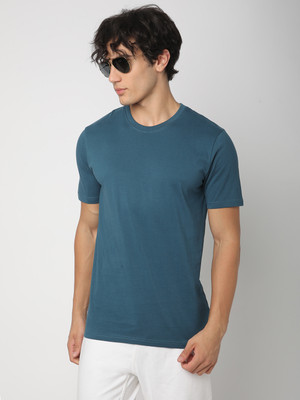 R&B Solid Men Round Neck Blue T-Shirt