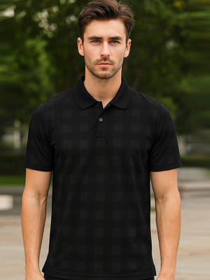 Hushbucks Checkered Men Polo Neck Black T-Shirt
