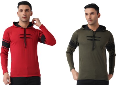 XECTUS Colorblock Men Hooded Neck Green, Maroon T-Shirt