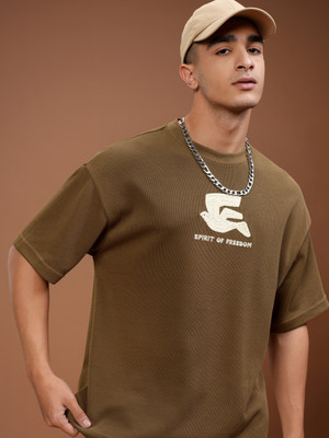 HIGHLANDER Self Design Men Round Neck Brown T-Shirt