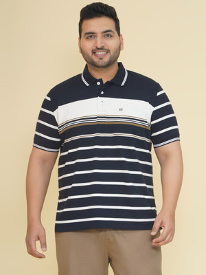JOHN PRIDE Striped Men Polo Neck Navy Blue T-Shirt