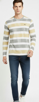 hassan Striped Men Crew Neck Multicolor, White, Grey, Yellow T-Shirt