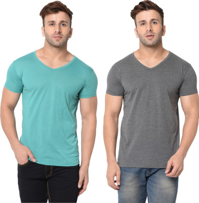 Tresna Trending Solid Men V Neck Grey, Light Green T-Shirt