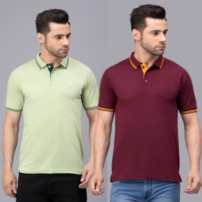 We Perfect Solid Men Polo Neck Green, Maroon T-Shirt