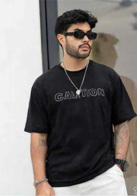 Caution Graphic Print Men Round Neck Black T-Shirt