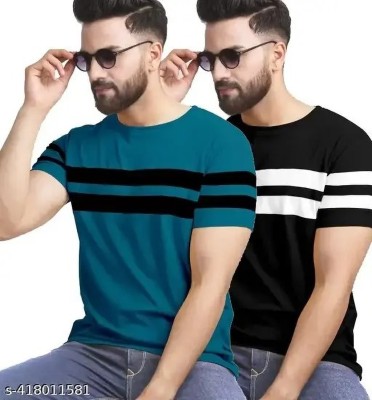 Denzolee Striped Men Round Neck Black, Silver T-Shirt