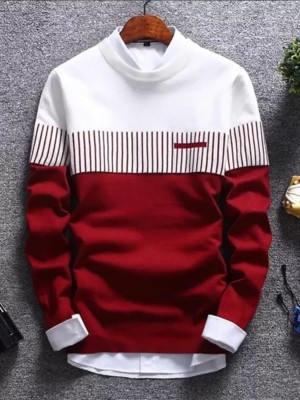 Autna Striped Men Round Neck White, Maroon T-Shirt