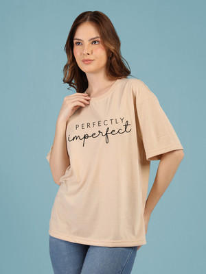 Mast & Harbour Printed Women Round Neck Beige T-Shirt