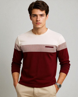 TrendShaper Colorblock Men Round Neck Maroon, White T-Shirt