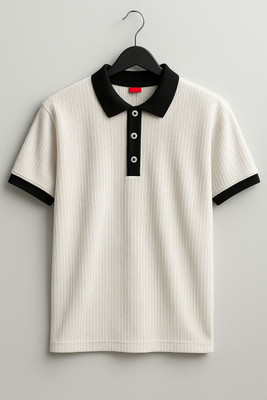 Try This Striped Men Polo Neck Grey T-Shirt