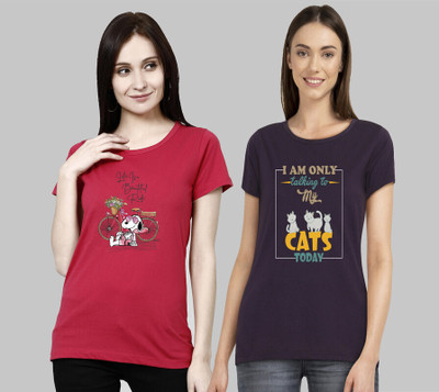 METRONAUT Printed Women Round Neck Pink, Purple T-Shirt