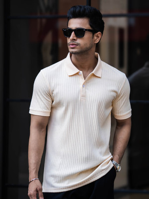 MANIAC Self Design Men Polo Neck White T-Shirt