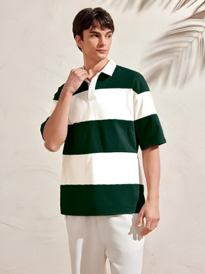 Eddicted Striped Men Polo Neck Green T-Shirt
